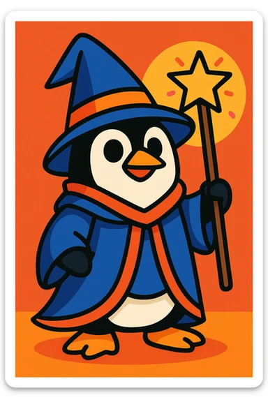 a penguin dressed as a wizard, with a pointy hat and a magic staff, vibrant cartoon style sticker