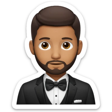 Usher with dark brown hair and short beard, black suit with bow tie sticker