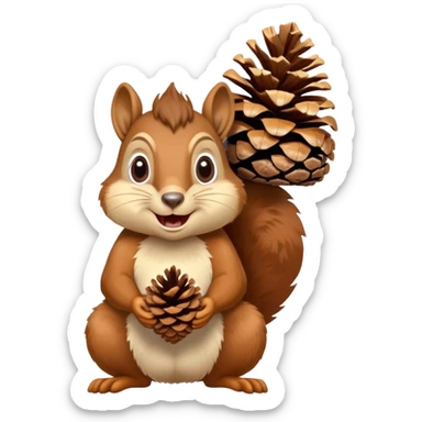 A greedy squirrel with a large pine cone balanced on its head, making a weird facial expression, wide eyes, and mischievous grin sticker