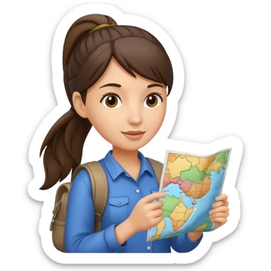 tourist brunette woman with ponytail holding map sticker