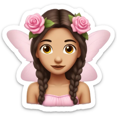 Beautiful, rose, fairy, pink, flowers in hair, long dark brown hair, big wings, fair skin sticker