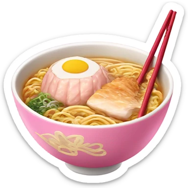 traditional ramen, pink and gold bowl, gold chopsticks and a chicken insiste sticker