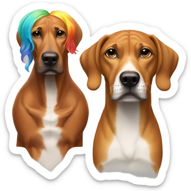 white man with long rainbow colored hair and twisted mustache next to a brown rhodesian ridgeback sticker