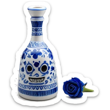 The Clase Azul Tequila bottle is tall and hourglass-shaped, with a wide base that tapers towards the neck. Its white ceramic body is decorated with cobalt blue floral designs, and it’s topped with a complete gray, bell-shaped stopper that curves inward  sticker
