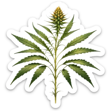 small cannabis plant at late harvest stage, modestly sized, uneven growth structure, thin branches supporting medium size female buds, leaves showing natural discoloration in shades of yellow and green, clearly visible trichomes with amber hues, resin-coated buds ready for harvest sticker