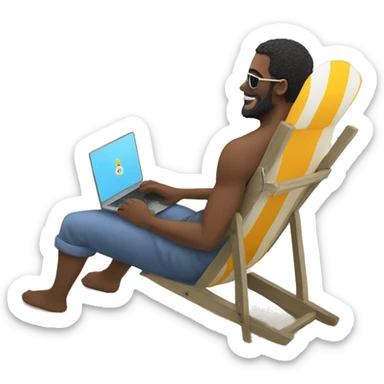 Man on deck chair with laptop on his knees, beach sticker