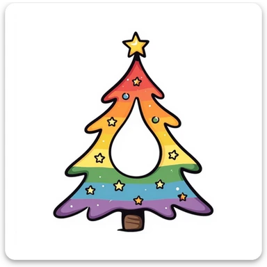 A Christmas tree with rainbow colors spread from inside to out with a middle Christmas tree shape hole sticker