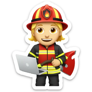 Blonde male person with a laptop in firefighter outfit with a fire axe sticker