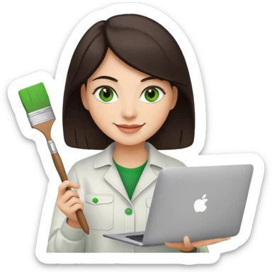 happy Graphic designer whit a MacBook, him eyes green color and dark brown hair, he is paint artist sticker