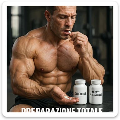 hyper realistic bodybuilder taking citicoline and acetylcarnitine before workout, well visible muscles, two bottles, text 'Preparazione totale', sporty atmosphere, realistic details sticker