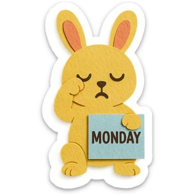yellow bunny holding Monday memo while rubbing eyes, paper craft style, textured paper look sticker