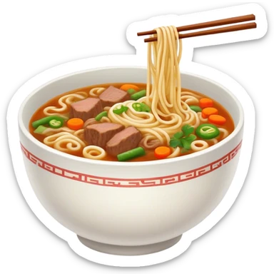 Mongolian noodle soup with mutton or beef, vegetables, and fried noodles. sticker