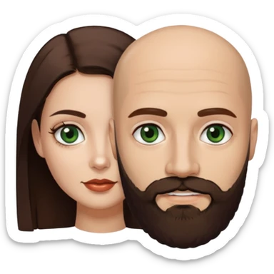 Man beard bald white dark green eyes, woman medium hair brown brown eyed latina they have different eye color man dark green woman dark brown sticker