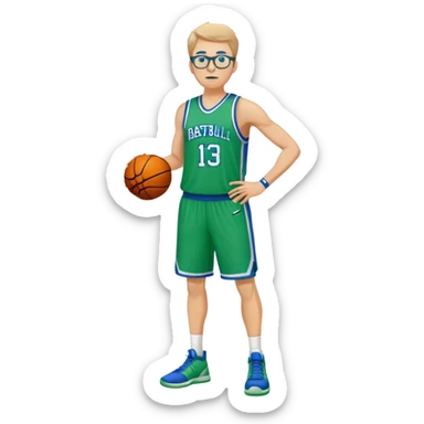 full body heavy tall white male basketball wearing glasses in blue an green uniform sticker