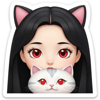 Wonyoung, long black hair , cat doe eyes , heart shape lips and oval face shape  sticker