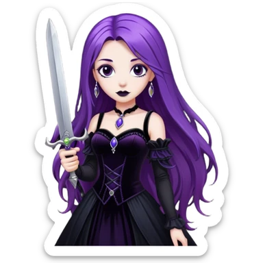 A gothic princess with long purple hair, in a black velvet dress, holding a silver dagger. sticker