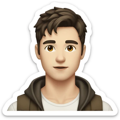 a handsome young man with short dark brown hair, pale skin and a scar between his eyebrows sticker