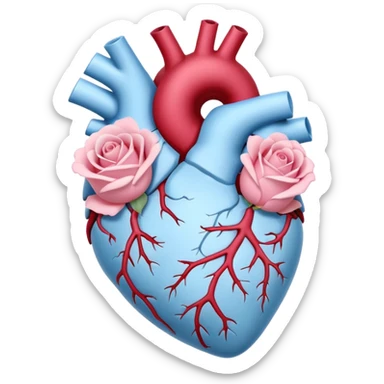 White and sky blue Anatomical heart with light pink rose without leaves  sticker