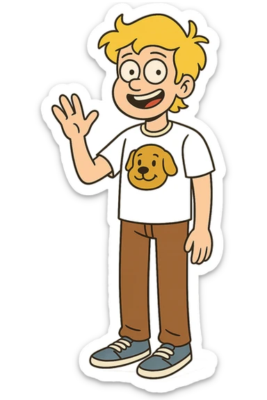 A boy yellow hair dog mascot logo t-shirts brown trousers blue vans shoe  sticker