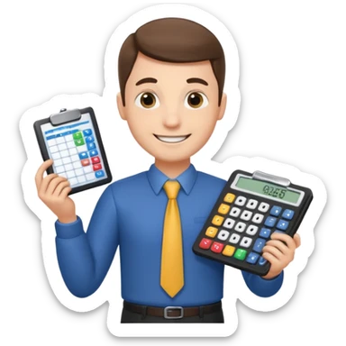 emoji, of a male AUDITOR smiling with Finance spreadsheet , a calculator,plus ADD A puzzle and a Balance for accounting. sticker