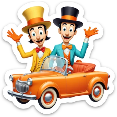 A vintage movie poster-style design with two goofy characters in outrageous outfits, showing exaggerated, silly expressions. Include elements like a goofy car, ridiculous props, and comical facial expressions. Retro comedic style with vibrant colors. Transparent background. sticker