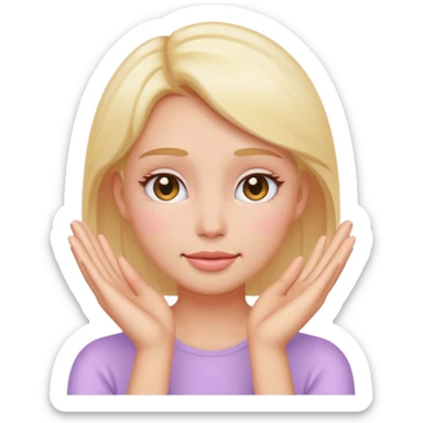 Emoji of glowing female face with hands on cheeks, skincare, pastel, flat, minimal sticker