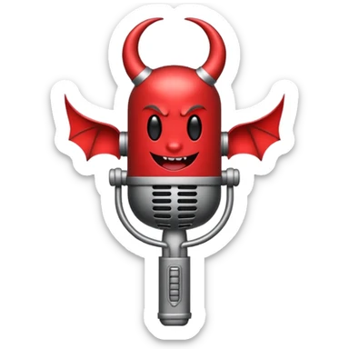 Minimalist emoji-style sticker of a classic retro microphone with small devil horns and a subtle tail wrapping the base. Grayscale with slight red accents.
 sticker