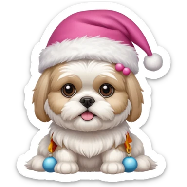 one little white all over shih tzu dog with pink santa hat  sticker