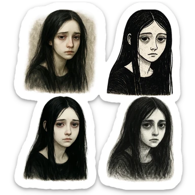 pale girl with long black hair, looking sad, emotional, portrait, variety of artistic styles sticker