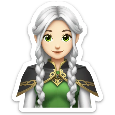 Frieren, grey_hair, twintails, elf, pointy_ears, long_hair, green_eyes, blue_eyes, white cape with golden list and inside shirt colored black and white tiles sticker