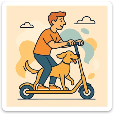 color vector art with thin outline of man and pet dog riding a scooter sticker