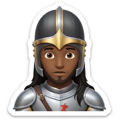 A black male with long black rough hair wearing a knight helmet sticker
