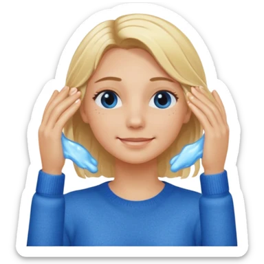 Girl massaging her head with blonde wet hair with anti-dark circles patches in her eyes dressed in a blue sweater with a smile sticker