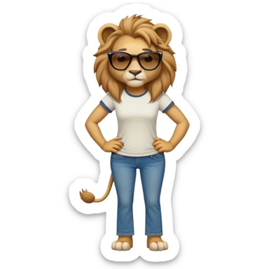 friendly anthropomorphised female lion character, full body, standing confidently with legs apart and hands on hips, wearing jeans, a t-shirt, and dark sunglasses, with a confident smile sticker