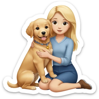 Golden retriever puppy sitting on tall blonde girl's lap sticker