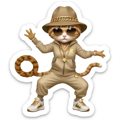 female cat in Run DMC hip-hop outfit with tracksuit, fedora, Adidas sneakers, dark sunglasses, many gold chains and bling accessories, doing a windmill break dance move sticker