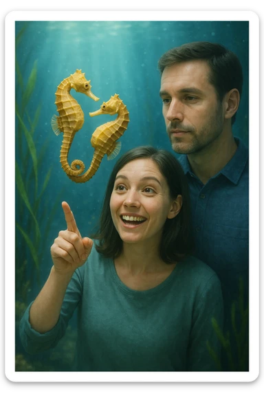 Vertical format: A couple observing two intertwined seahorses, the woman smiling and pointing, the man reflecting, atmosphere of wonder and learning. sticker