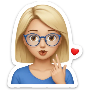 Asthectic Blonde women
brown eyes, blue glasses, 
brown top
blowing a kiss with a small heart around her. sticker