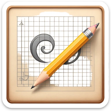 A pencil is placed over a sheet of paper grid, representing the sketching phase of a logo sticker