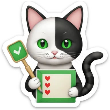 A black and white Cat holding a list with a green check mark symbolizing a task is done. sticker