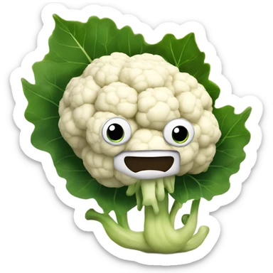 Cauliflower with cute big eyes holding a mirror, surrounded by leaves. sticker