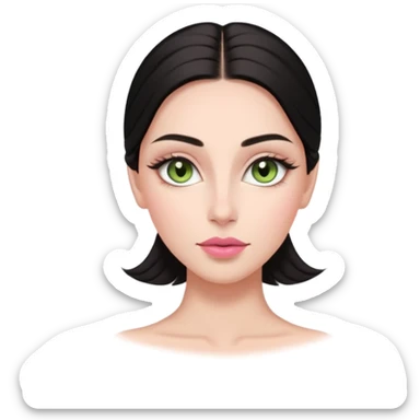 Front-facing portrait of a young woman with fair glowing skin, symmetrical features, light green almond-shaped eyes, long lashes, soft arched brows, straight refined nose, and full natural pink lips. Dark sleek hair pulled back with a middle part.  sticker