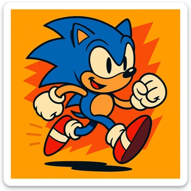 Sonic the Hedgehog, energetic blue hedgehog with red shoes, running, vibrant cartoon style sticker