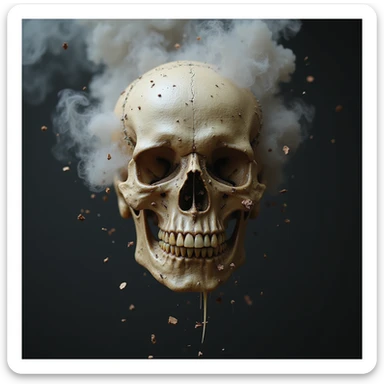 realistic skull with smoke and debris flying from the head, intense and lifelike, photorealistic style sticker