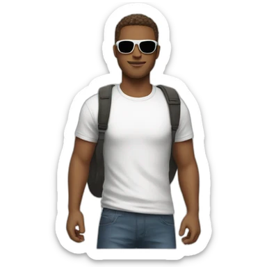 Man with sunglasses with shor hair and white t-shirt sticker