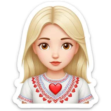 beautiful young girl wearing a white Ukrainian embroidered shirt with a big heart sticker