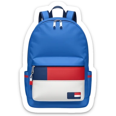 simple blue backpack, at the bottom pocket there is a  logo featuring a Tommy Jeans-inspired logo. The logo looks like a vertically-flag in one red, one white. The flag stripes are vertical, not horizontal. Flat

 sticker