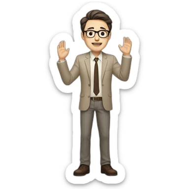 Full height Actively gesturing with hands Pale skinned fit man with dark brown hair in gray jacket, beige office shirt, brown tie, brown pants and vintage glasses. sticker