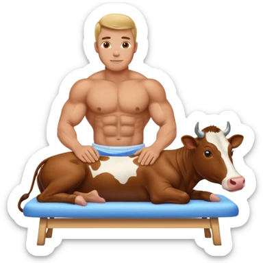 A cow being milked on a massage table by a muscular man  sticker