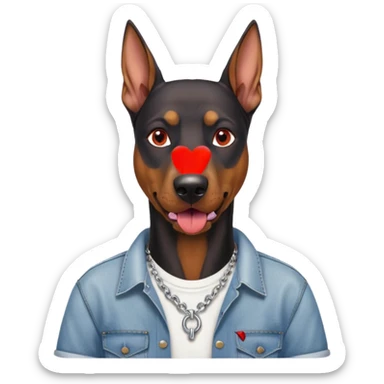 Generate a emoji of a big evil doberman dog with red eyes and a tongue sticking out, give the doberman a human body with a white shirt and baggy jeans, make the doberman have ear piercings and a septum ring sticker